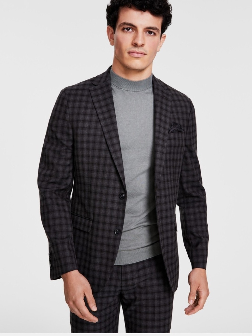 Bar 111 Men's skinny fit 2 piece gray and brown plaid suit. Size J 38R. P 32/32
